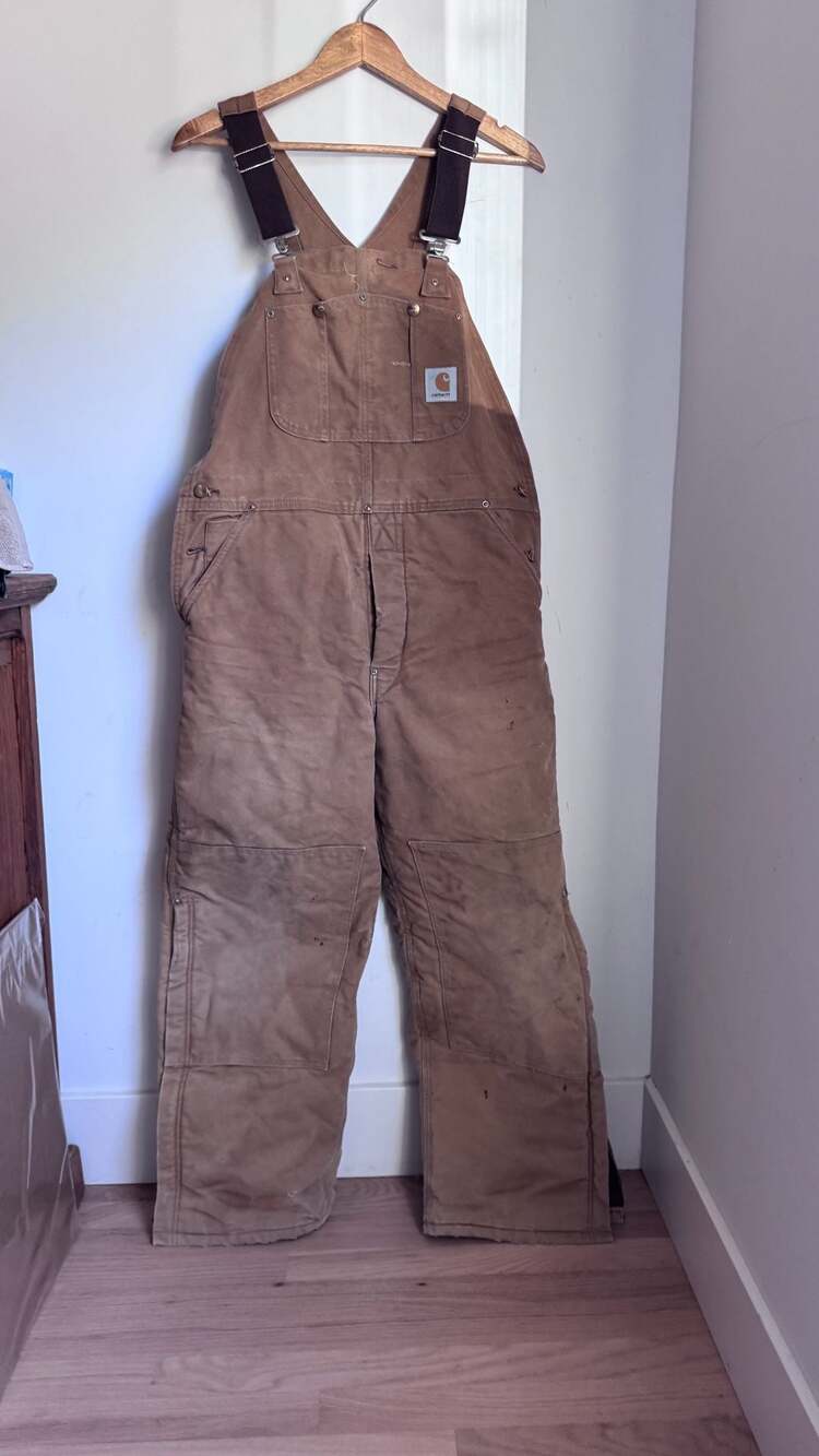 Vintage Carhartt R01 BRN Quilt Lined Duck Bib Overalls Double Knee 36x30